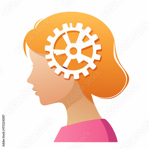 Woman's head with a gear mechanism symbolizing thought process, intellect, and ideas.