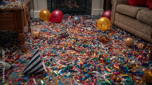 Wallpaper Mural Colorful party aftermath with deflated balloons and tilted hats in living room scene Torontodigital.ca
