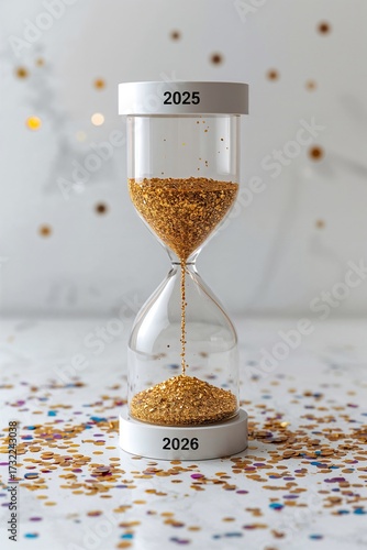Wallpaper Mural Modern sand timer with golden glitter labeled 2025 flowing into 2026 surrounded by confetti Torontodigital.ca