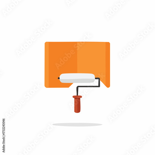Painting illustration with a roller applying orange paint to the wall in a modern minimalist design