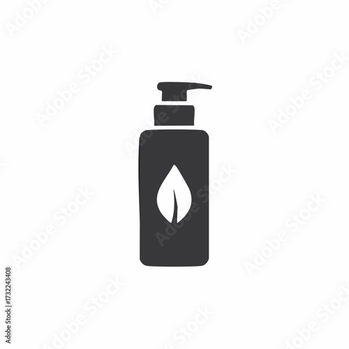 Eco friendly pump bottle dispenser icon with a single leaf symbol for natural skincare and beauty products