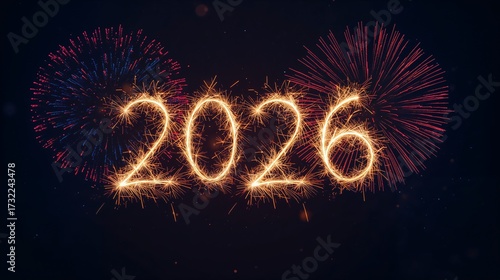 Wallpaper Mural Sparkling number 2026 formed by sparklers with colorful fireworks in night sky Torontodigital.ca