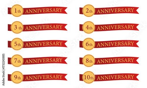アニバーサリー周年記念  赤いリボン付きセット シンプル ベクター素材（1周年, 2周年, 3周年, 4周年, 5周年, 6周年, 7周年, 8周年, 9周年, 10周年）