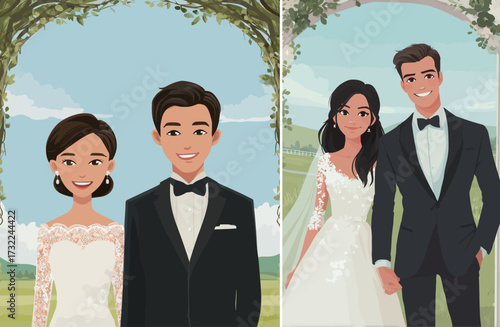 Two couples stand happily together in elegant wedding outfits. They share smiles in a scenic outdoor location with trees in the background and clear skies.