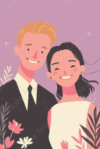 A joyful couple stands side by side, smiling brightly against a lovely pastel backdrop filled with flowers. Their cheerful expressions capture a moment of happiness and love.