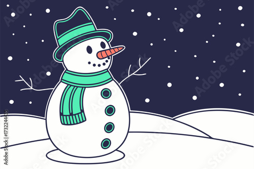 Whimsical snowman with carrot nose against snowy hills under a starry winter sky creates a delightful holiday mood, perfect for festive designs