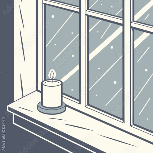 Cozy winter night scene with candle glowing warmly against a snow filled window, a peaceful moment of serenity and calm in a minimal illustration style