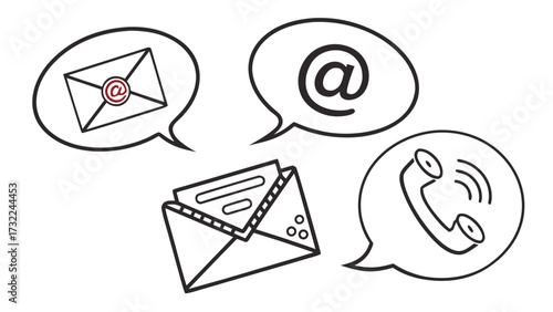 Illustration showing communication methods: email, at symbol, open envelope, and telephone handset, all within speech bubbles.