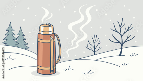 Cozy winter scene with steaming thermos in snowy landscape, inviting warmth and comfort during outdoor adventures, a perfect escape for nature lovers