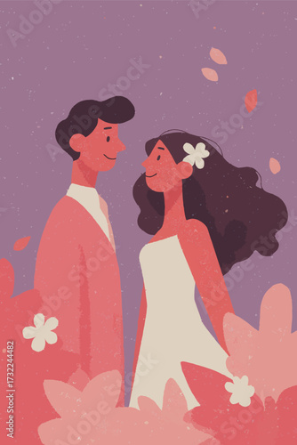 A joyful couple stands close together, smiling at each other in a colorful landscape filled with flowers. The scene is dreamy and enchanting, perfect for love.