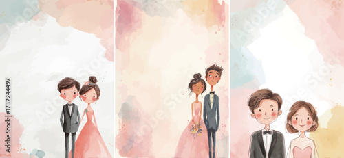 A couple stands together in elegant clothing against a gentle watercolor backdrop. The scene captures a moment of joy and celebration, perfect for romantic themes.
