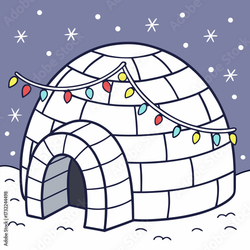 Festive igloo illustration with cheerful holiday lights, perfect for winter celebrations, seasonal greetings, and cozy Christmas themes, originally a scalable vector