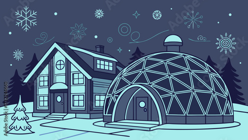 Charming winter scene featuring a cozy house and geodesic dome, perfect for holiday cards, seasonal promotions, and festive designs with vector graphics origin