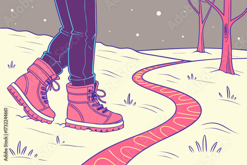 Envision a winter journey with durable boots on a scenic path, perfect for adventure or cozy scenes. Originally a scalable vector graphic.