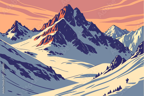 Stunning mountain landscape with vibrant sunset colors, perfect for adventure travel promotions or inspirational nature themes, originally a scalable vector graphic