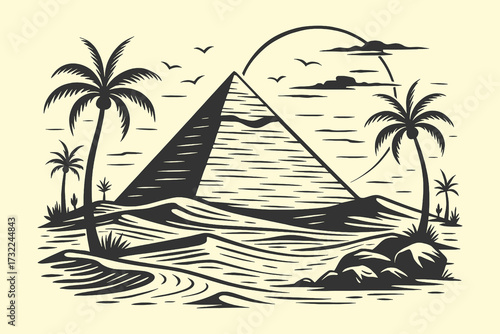 Vintage engraving of Egyptian pyramids with palm trees and flying birds.