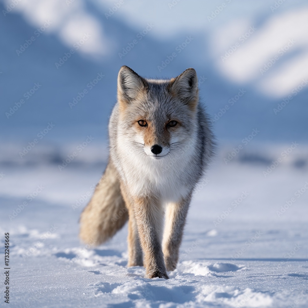 Naklejka premium Fox walking in snow with mountains in winter background