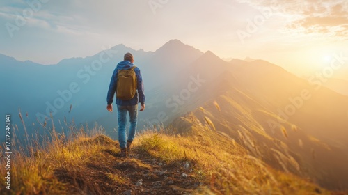 climbing. Solo hiker on mountain trail during golden hour, with blurred mountain backdrop. tourism brochures, itinerary planners, designed for hospitality marketing for hotel rooms and spa retreats.