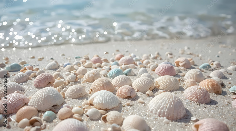 Fototapeta premium Coastal Symphony: An exquisite collection of pastel-hued seashells glistens on a sandy beach, as gentle waves caress the shore, evoking a sense of peace and tranquility. 