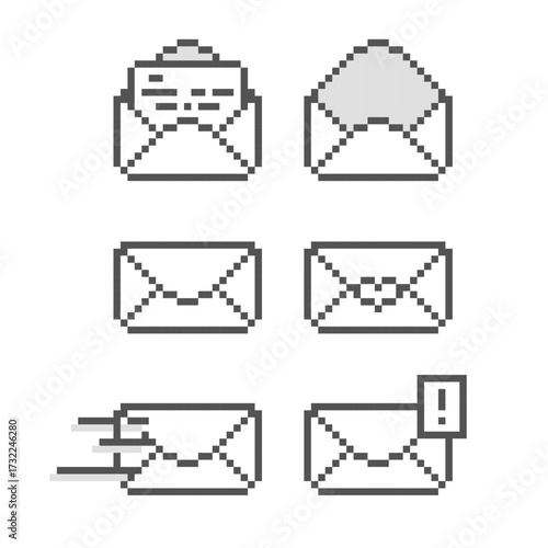 collection set of retro game 8bit pixel art envelope email letter document, flat design vector illustration