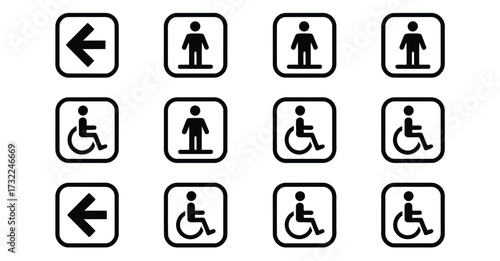 Grid of black accessibility and directional icons including wheelchair, human figures, and arrows, ideal for signage, public space, and navigation 