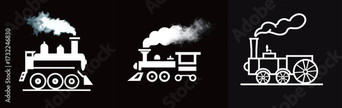 Various artistic representations of steam locomotives highlight unique designs and styles. Each train showcases distinct features using contrasting colors and shapes.