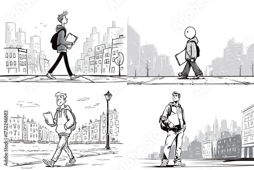 Two young individuals stroll through a city, each engaged in their own activities. The first appears confident while the other seems contemplative.
