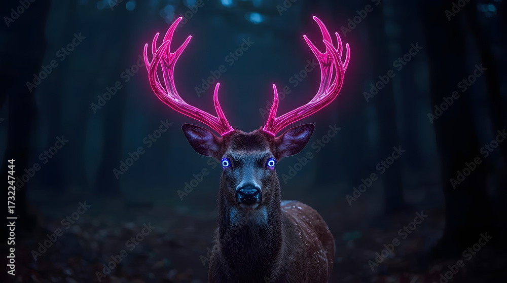 Fototapeta premium Illuminated Deer in Enchanted Forest: A majestic deer with radiant, neon antlers and glowing eyes stands amidst the mystical darkness of an enchanting forest, bathed in an ethereal glow. 