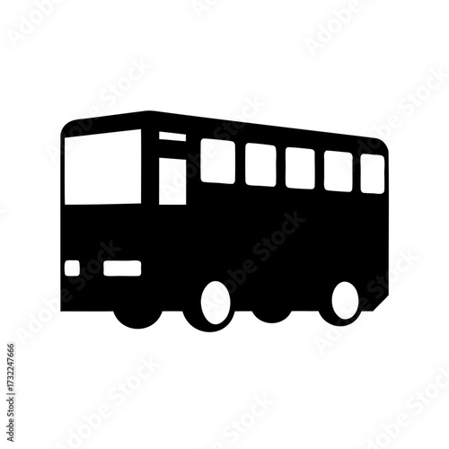 Simple black silhouette of a bus with multiple windows and wheels