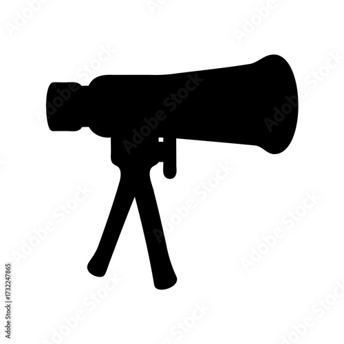 Black silhouette illustration of telescope on tripod for astronomy and star gazing