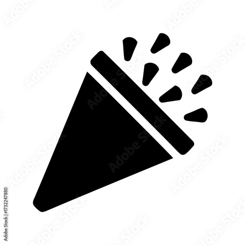 Black and white illustration of party popper with confetti explosions
