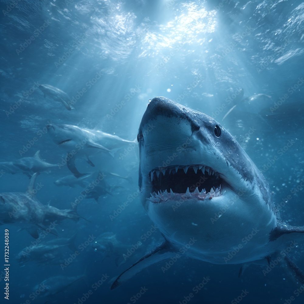 Obraz premium Great white shark with open mouth and teeth, aggressive and dangerous underwater predator, with sunlight rays in the deep blue ocean