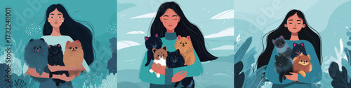 A woman stands outdoors, gently cradling several small dogs, showcasing a variety of breeds and colors against a vibrant background of plants and sky.