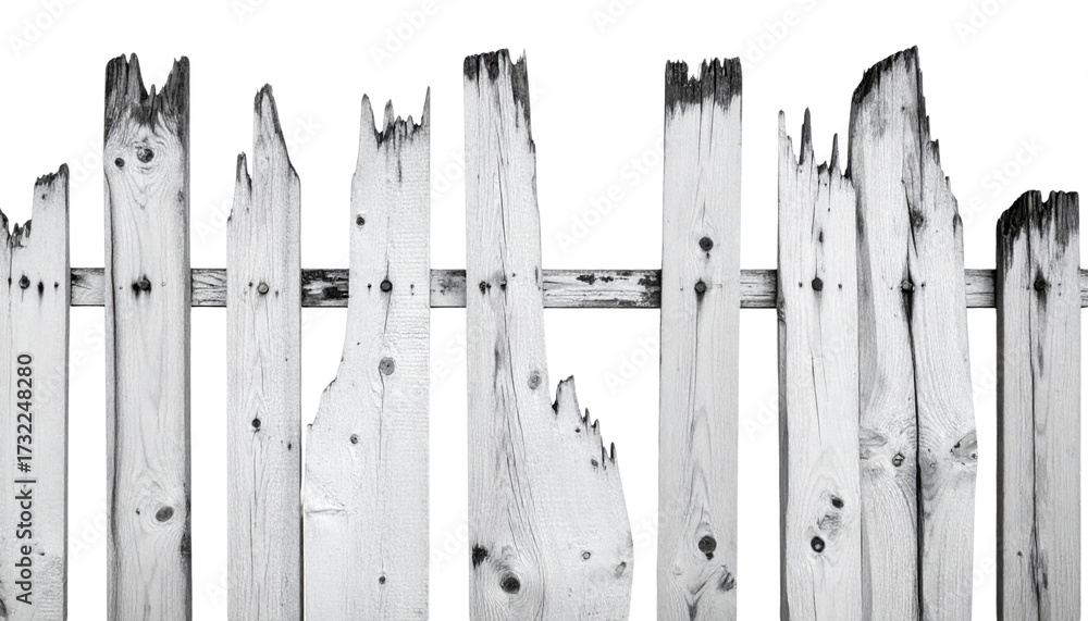 Fototapeta premium A weathered wooden fence with jagged, uneven planks, showcasing distinct textures and patterns in a monochromatic style.