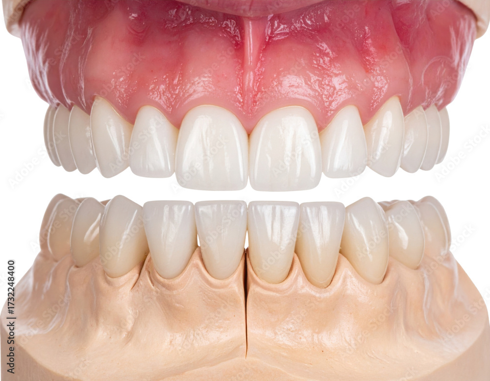 Obraz premium A detailed dental comparison showcasing upper and lower teeth, highlighting alignment and aesthetics against a black background.