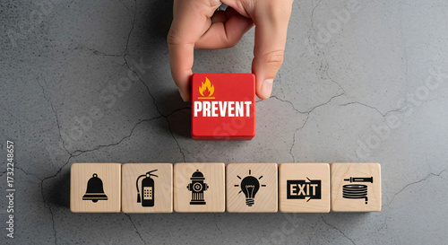 Fire Safety Prevention Strategy Hand Places Prevent Block onto Building Blocks with Safety Icons