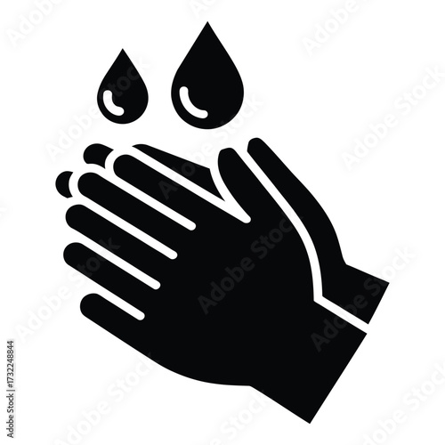 Black and white icon of hands being washed with water droplets, symbolizing hygiene, cleanliness, health safety, and disease prevention