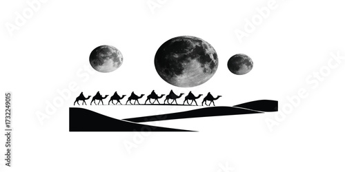 Print  Camel riders in long line crossing dunes at dusk, multiple oversized moons in the sky. Clean shapes, dramatic horizon