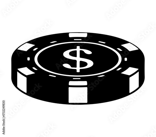 "Casino Chip Icon – Black and White Dollar Token with Stylized Edge for Gambling, Finance, and Gaming Design Projects"