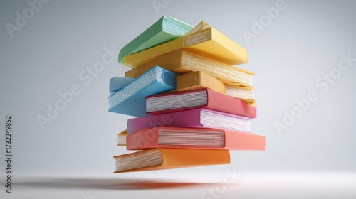 a multicolored stack of books or notebooks is balanced precariously on end atop one another. the background is neutral, highlighting the vividly colored items