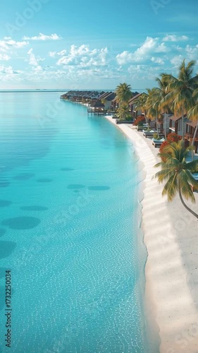 This tropical paradise showcases beautiful overwater bungalows surrounded by crystal-clear water and lush palm trees. Visitors can relax by the pool or enjoy beach activities.