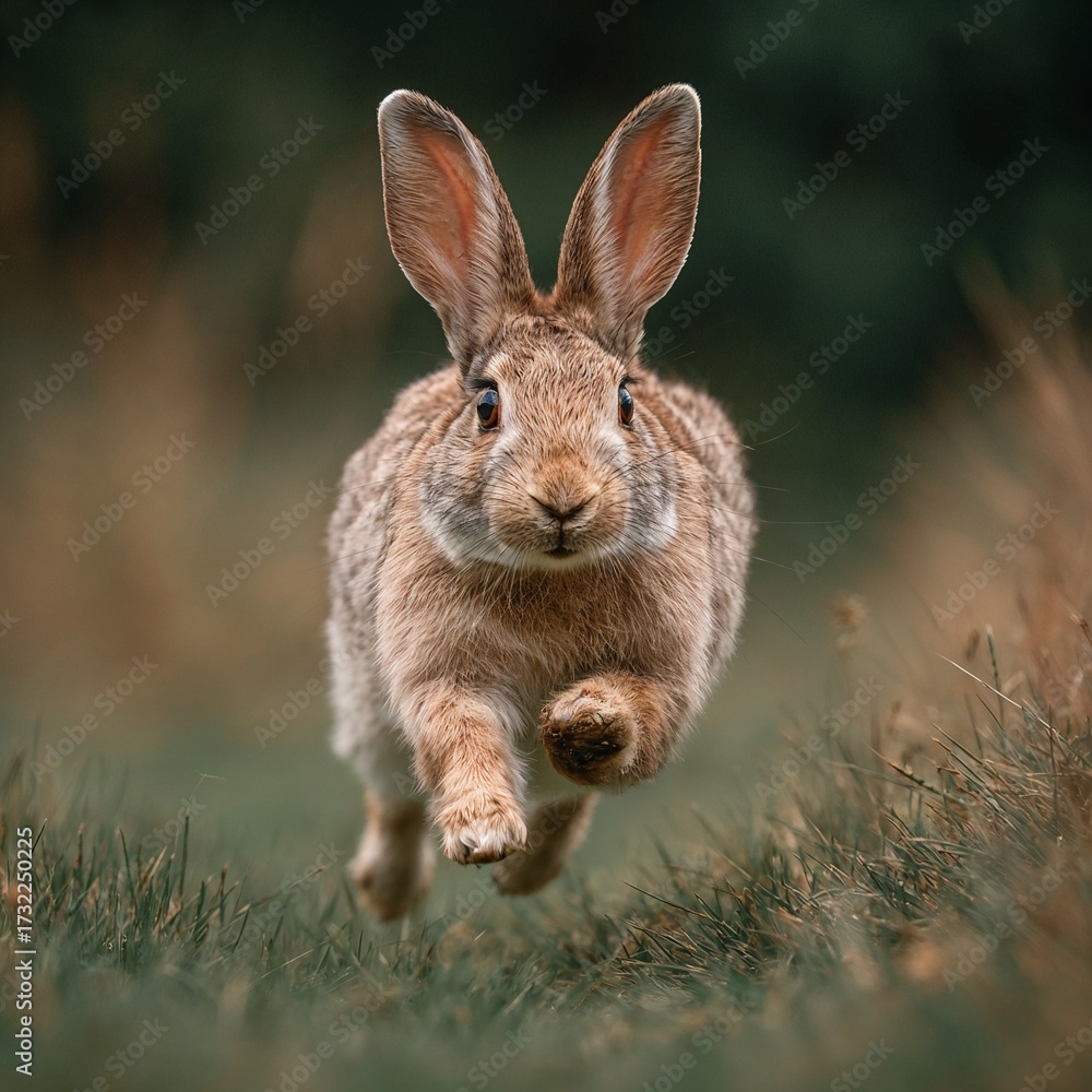 Fototapeta premium Cute brown rabbit running in grassy field towards camera
