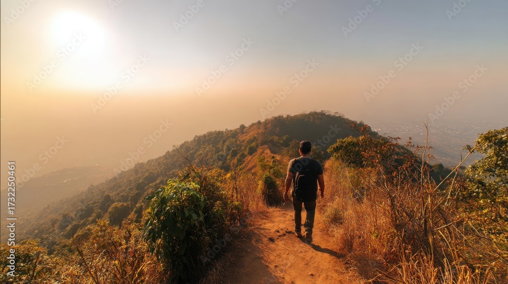 Obraz premium climbing. Solo hiker on mountain trail during golden hour, with blurred mountain backdrop. tourism brochures, itinerary planners, designed for hospitality marketing for hotel rooms and spa retreats.