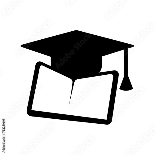 Black and white graphic of mortarboard on top of an open book