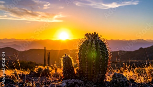 A desert landscape features a prickly cactus in the foreground with a vibrant sunset over distant mountains