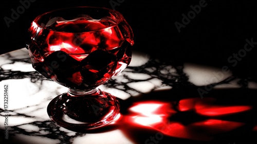 refraction. Crystal wineglass with red liquid, dramatic backlight creating refraction, dark marble surface. bar promotions, beverage menus, designed for food & beverage menus and cafe branding.