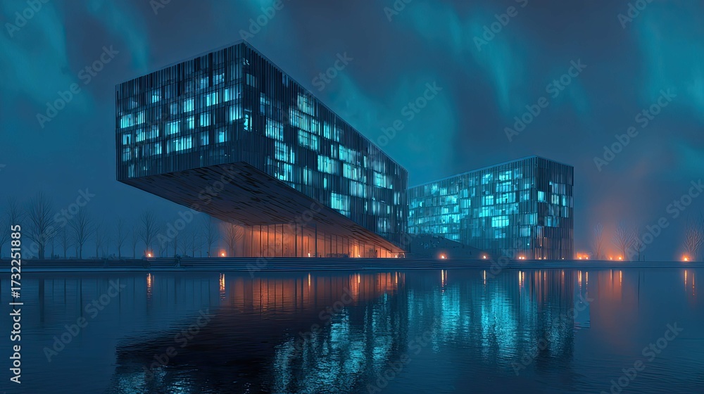 Fototapeta premium a modern architectural structure with a distinctive design, illuminated under night skies