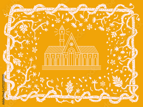 Botanical frame illustration with vintage church building on orange background