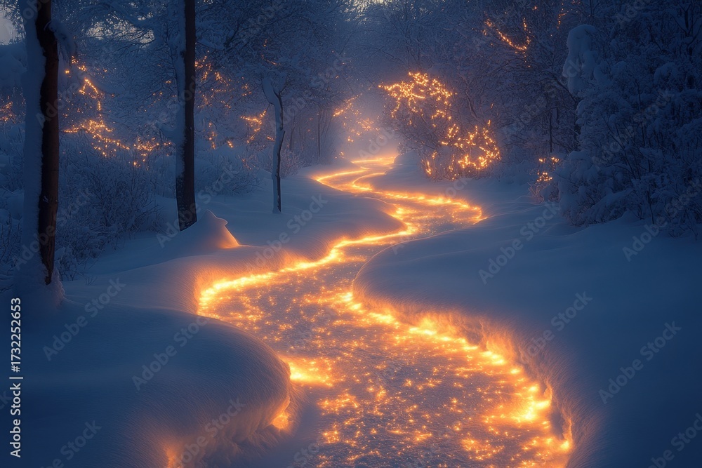 Fototapeta premium Fire burning along snowy forest path.