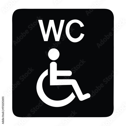 Black square WC restroom sign with wheelchair symbol, indicating accessible toilet facility for disabled individuals in public spaces